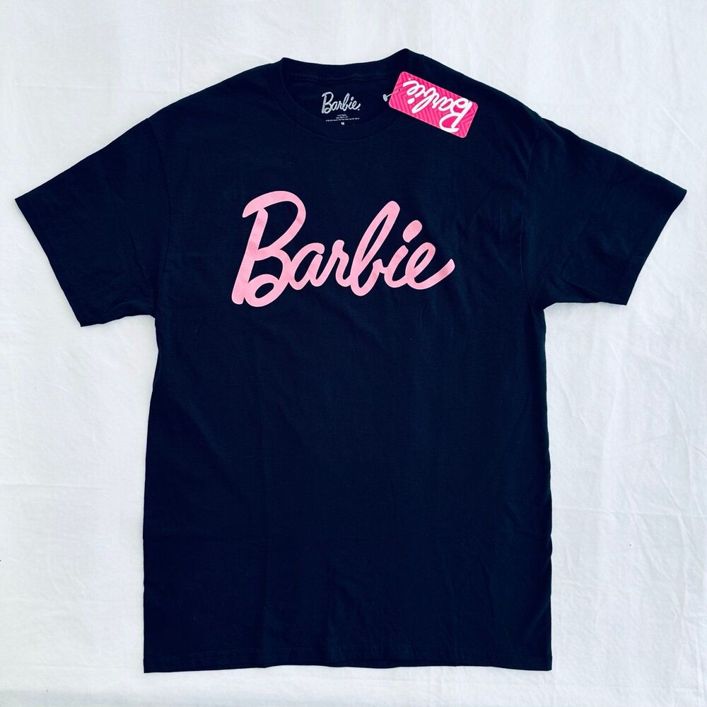 Barbie Women's M Tshirt Hot Pink On Black Shirt Mattel Logo NWT